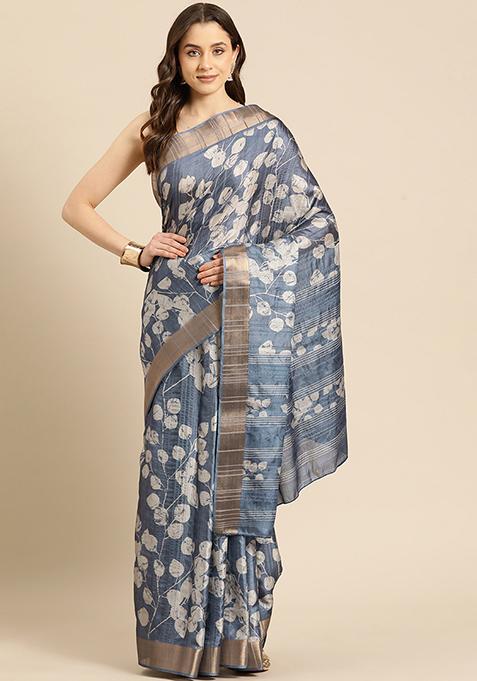 Blue Floral Print Soft Silk Saree Set