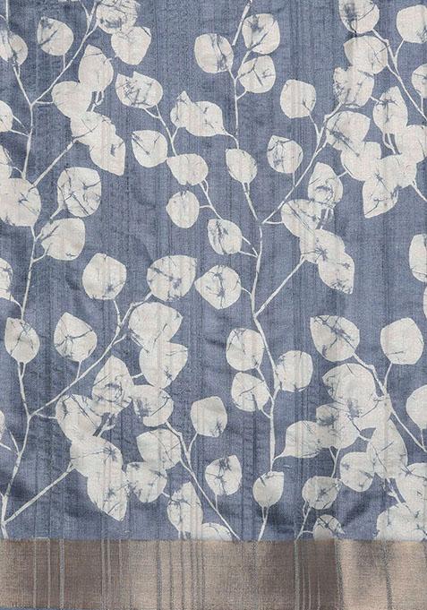 Blue Floral Print Soft Silk Saree Set