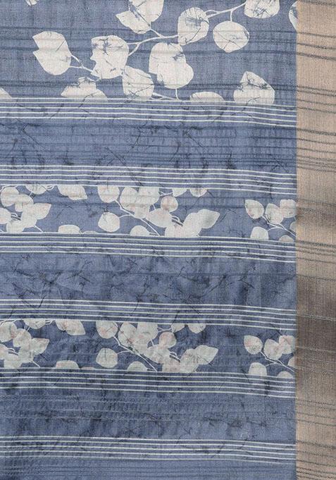 Blue Floral Print Soft Silk Saree Set