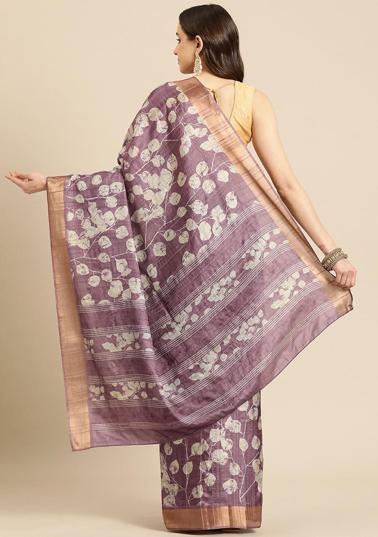 Purple Floral Print Soft Silk Saree Set
