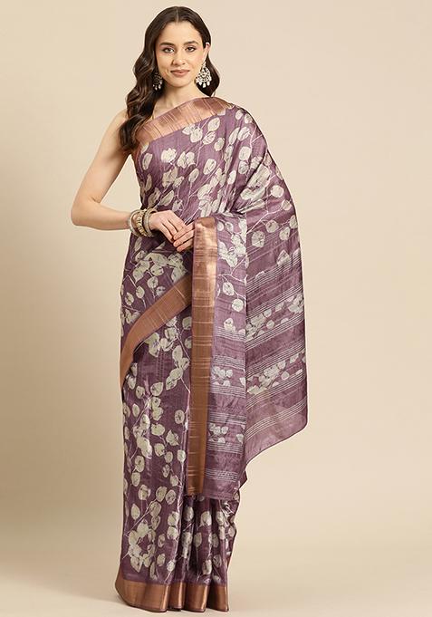 Purple Floral Print Soft Silk Saree Set