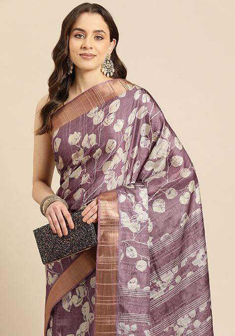 Purple Floral Print Soft Silk Saree Set