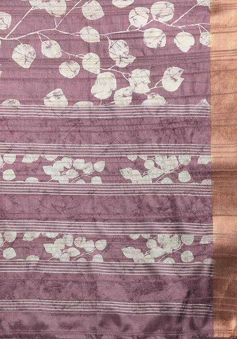 Purple Floral Print Soft Silk Saree Set