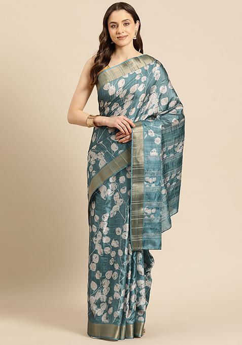 Turquoise Floral Print Soft Silk Saree Set