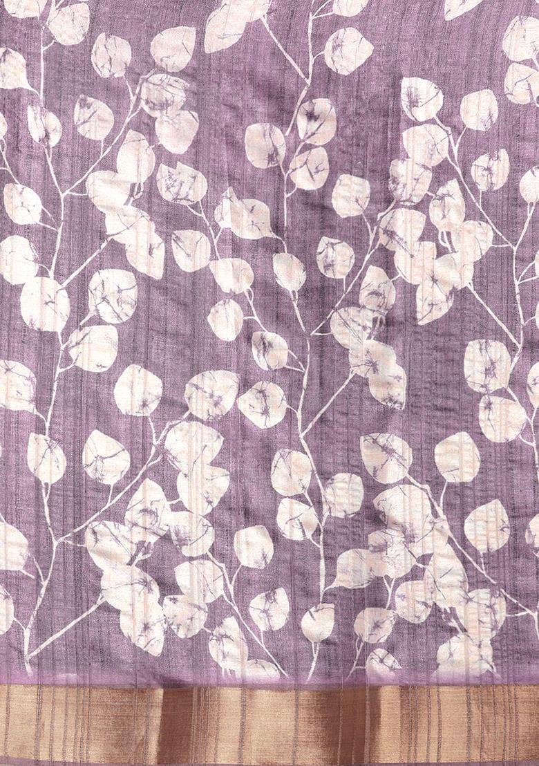 Lavender Floral Print Soft Silk Saree Set - Indya