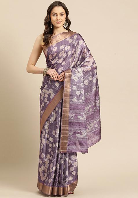 Lavender Floral Print Soft Silk Saree Set