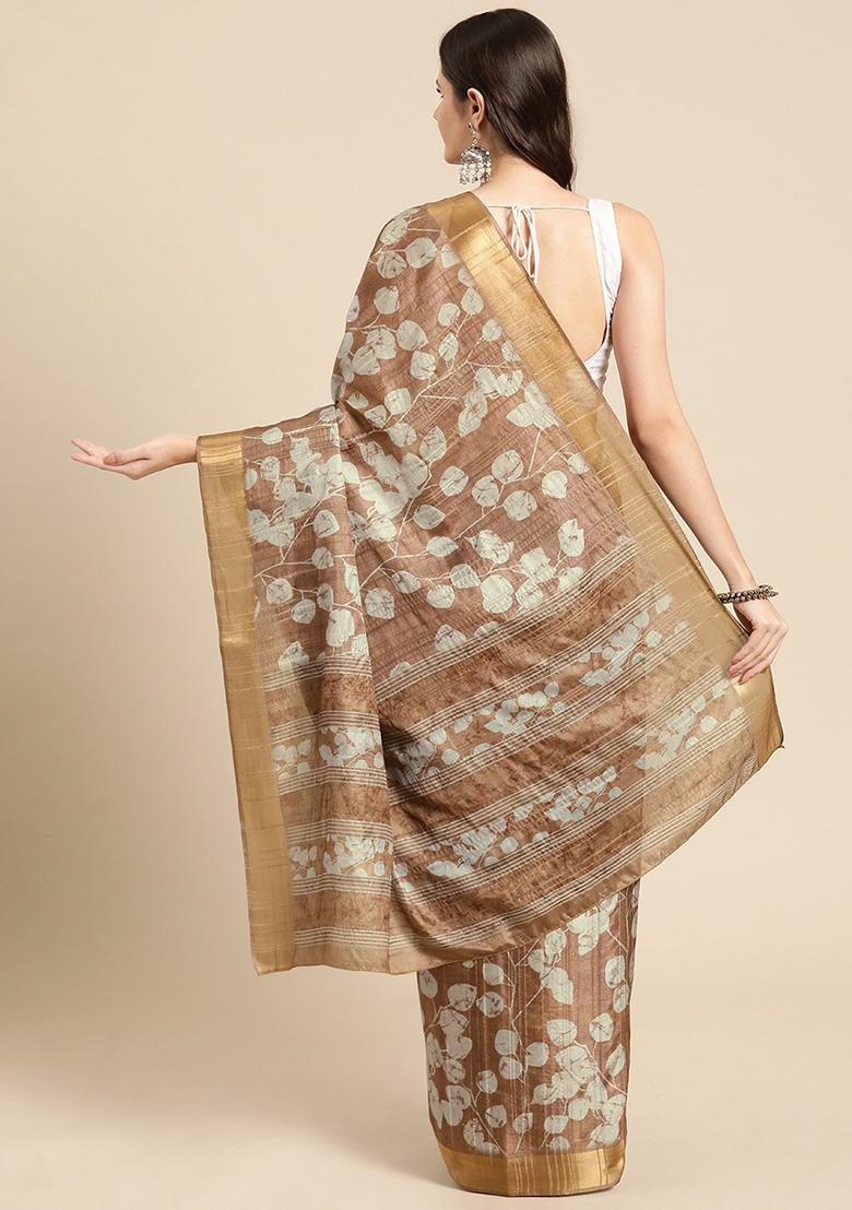 Brown Floral Print Soft Silk Saree Set - Indya