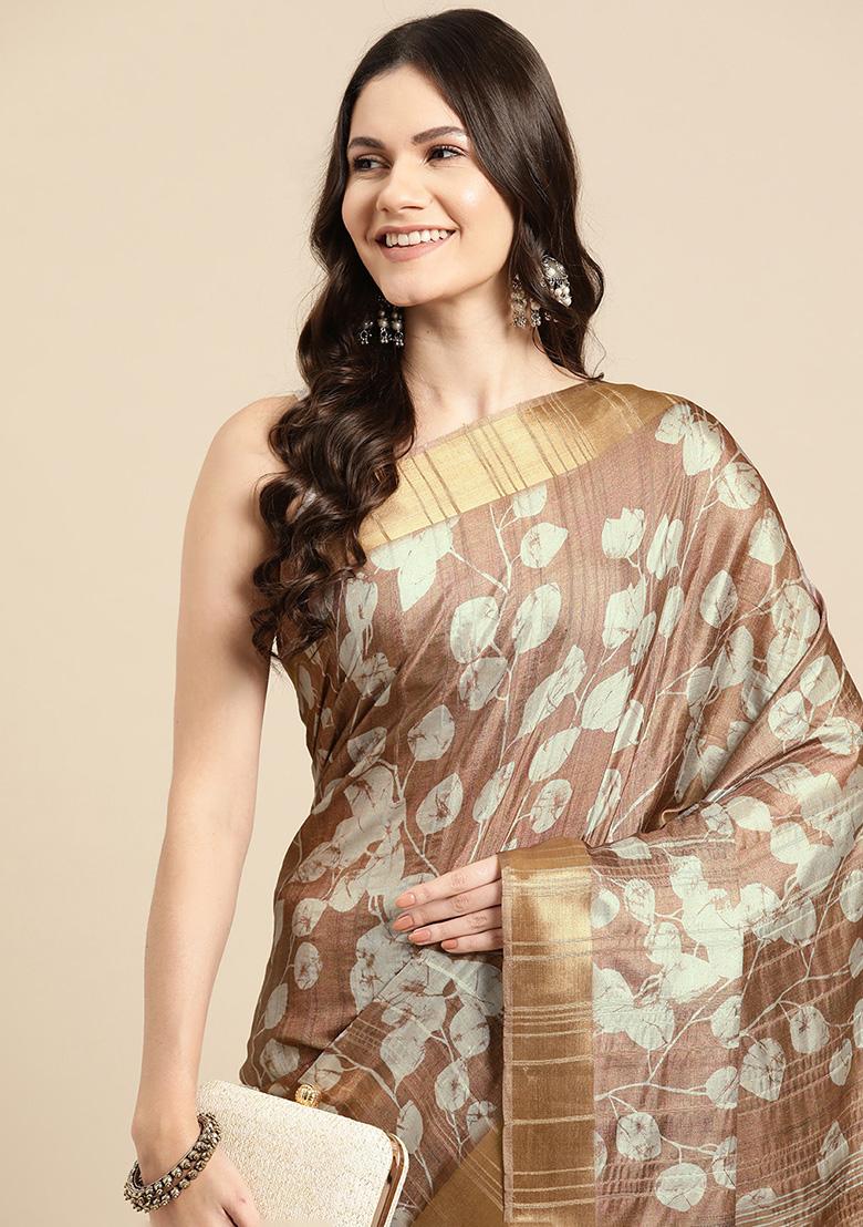 Brown Floral Print Soft Silk Saree Set