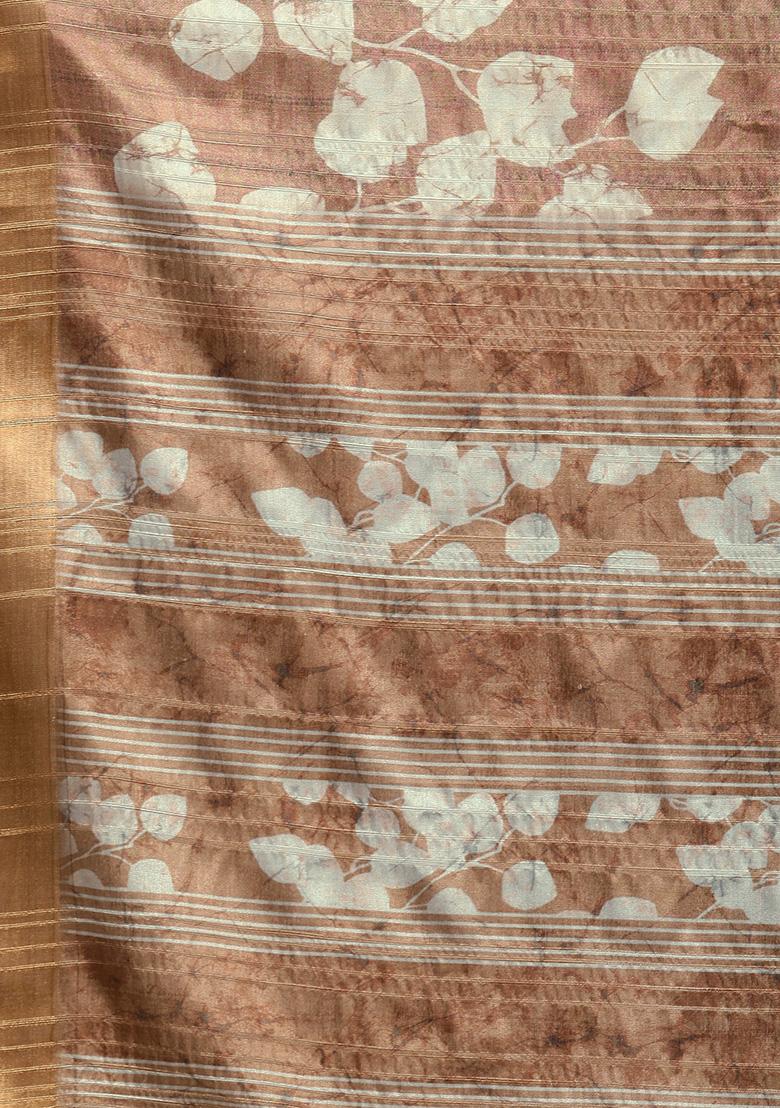 Brown Floral Print Soft Silk Saree Set