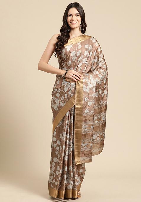 Brown Floral Print Soft Silk Saree Set