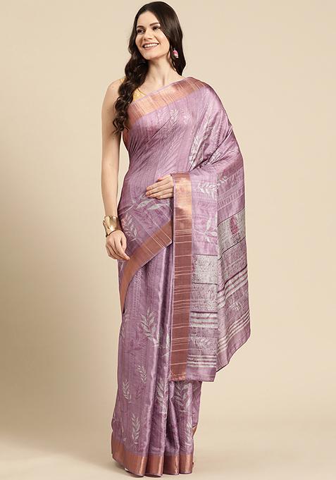 Light Lavender Floral Digital Print Soft Silk Saree Set