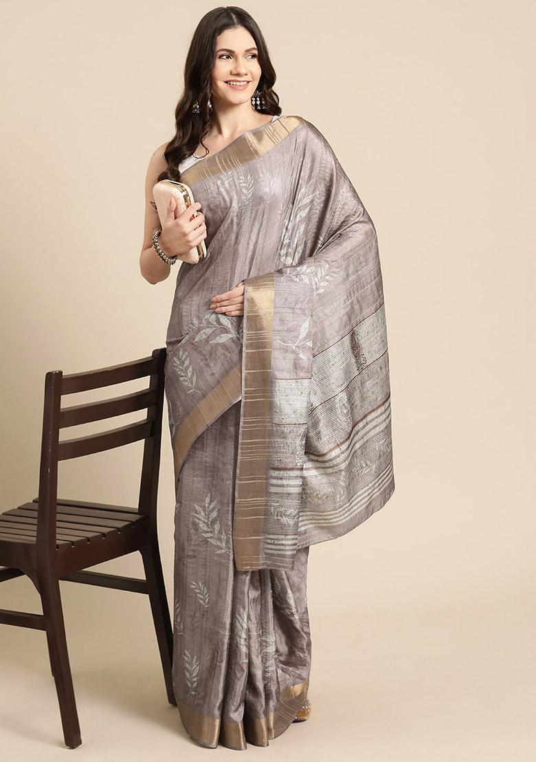 Brown Floral Digital Print Soft Silk Saree Set