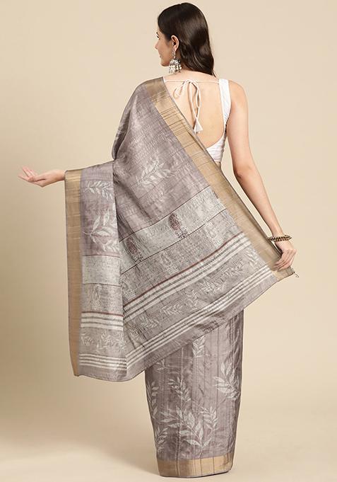 Brown Floral Digital Print Soft Silk Saree Set