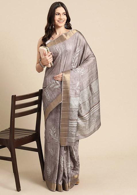 Brown Floral Digital Print Soft Silk Saree Set