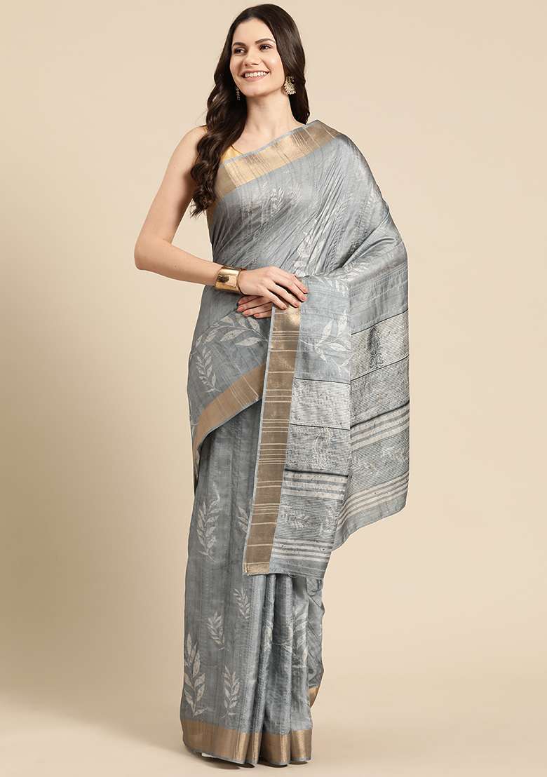 Grey Floral Digital Print Soft Silk Saree Set - Indya