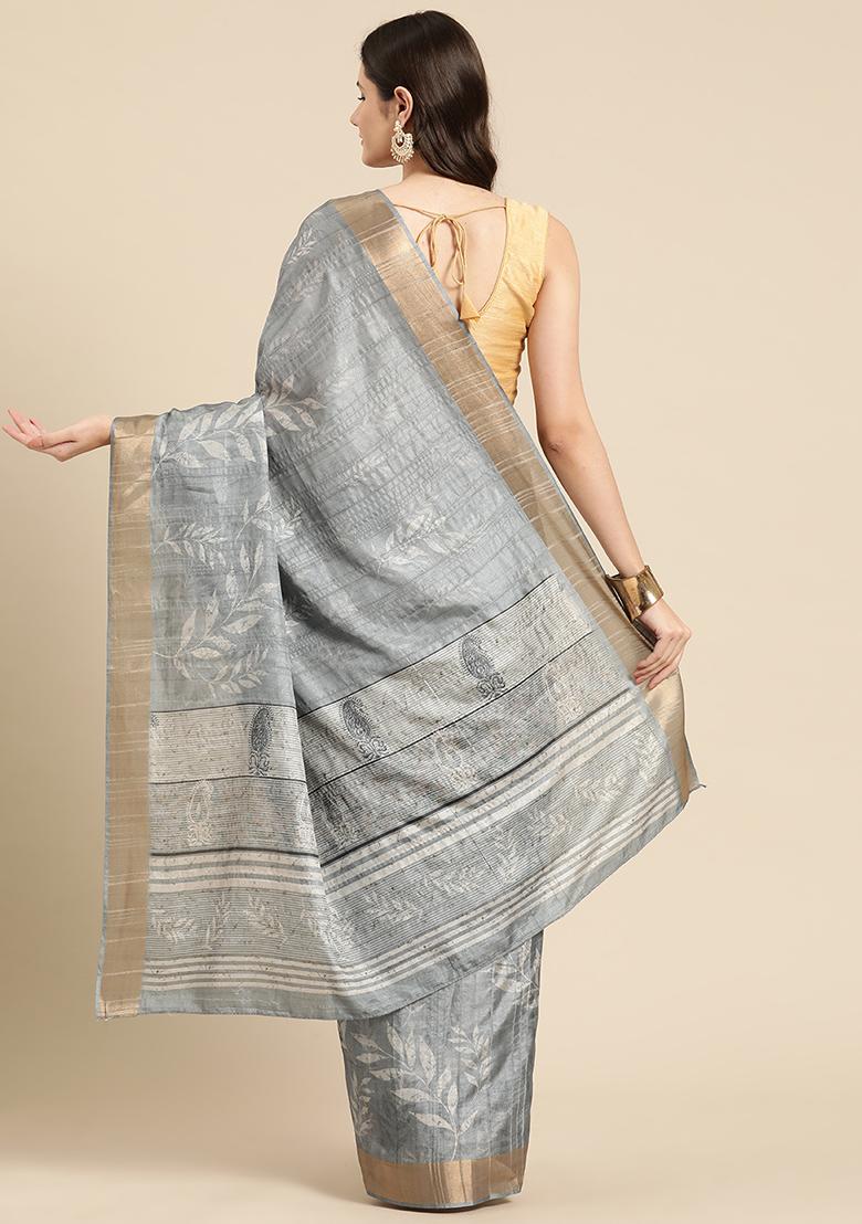 Grey Floral Digital Print Soft Silk Saree Set