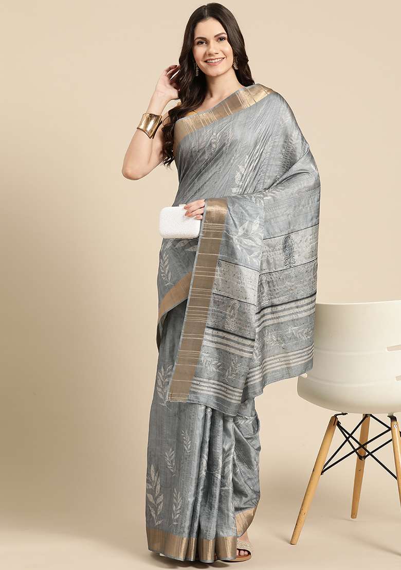 Grey Floral Digital Print Soft Silk Saree Set - Indya