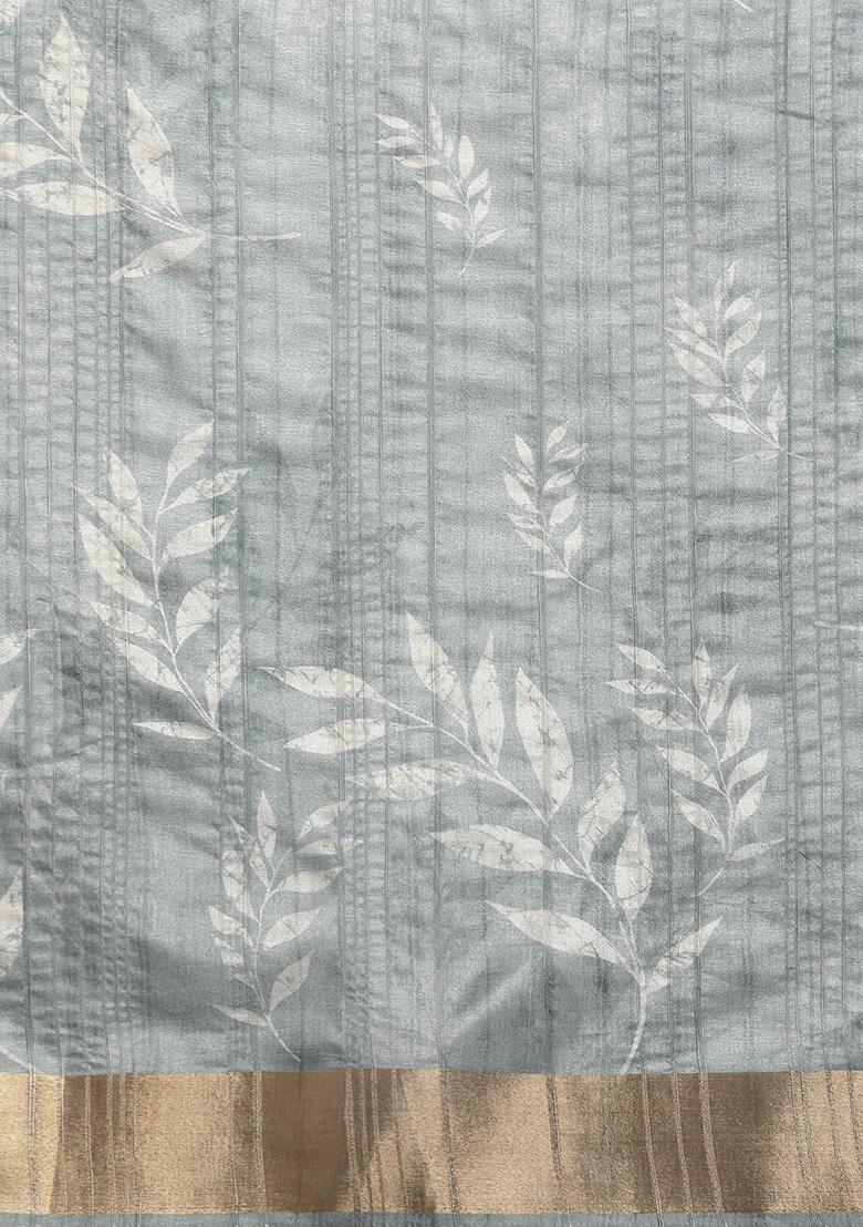 Grey Floral Digital Print Soft Silk Saree Set