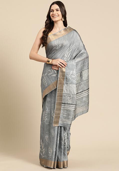 Grey Floral Digital Print Soft Silk Saree Set