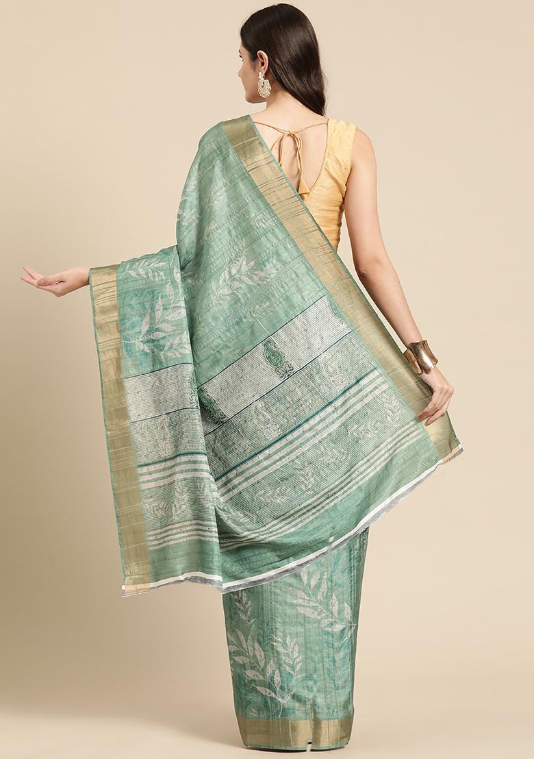 Green Floral Digital Print Soft Silk Saree Set