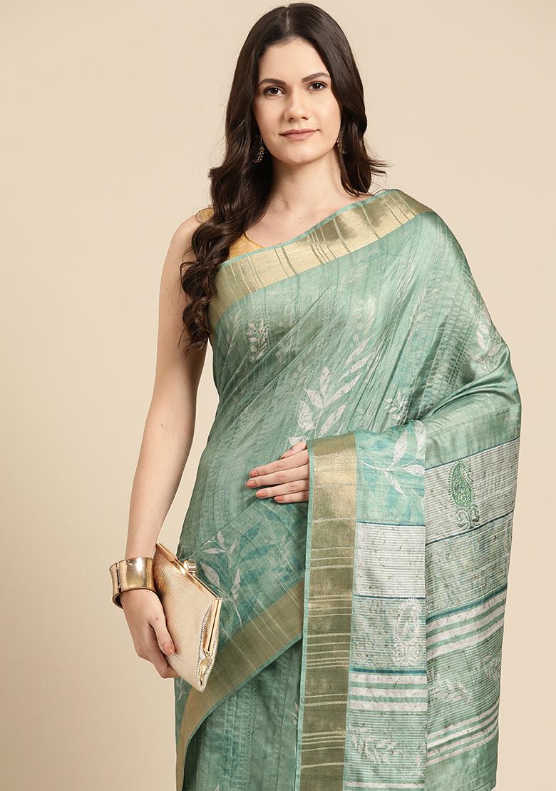 Green Floral Digital Print Soft Silk Saree Set