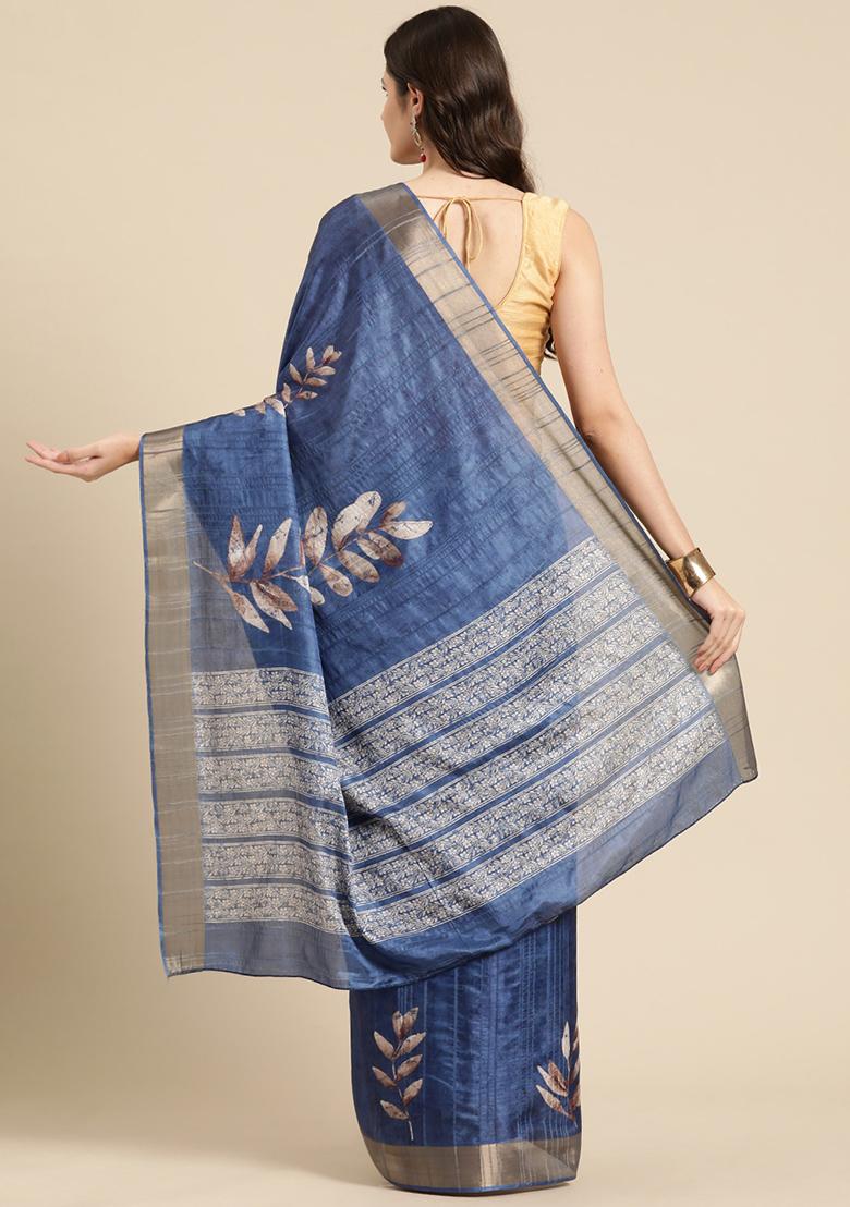 Blue Floral Digital Print Soft Silk Saree Set