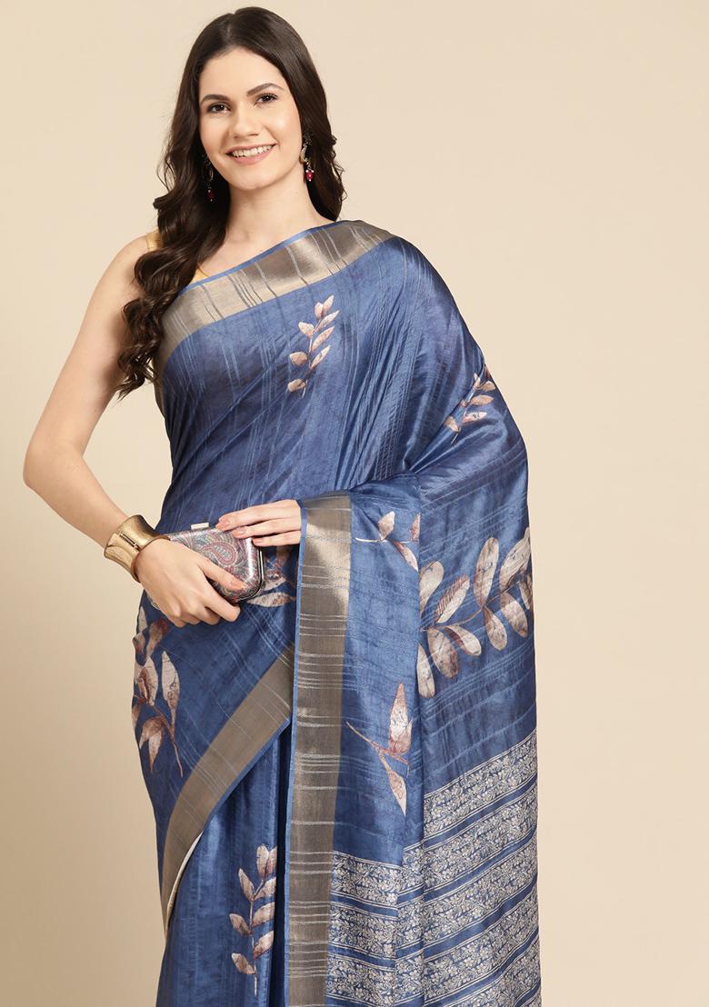 Blue Floral Digital Print Soft Silk Saree Set