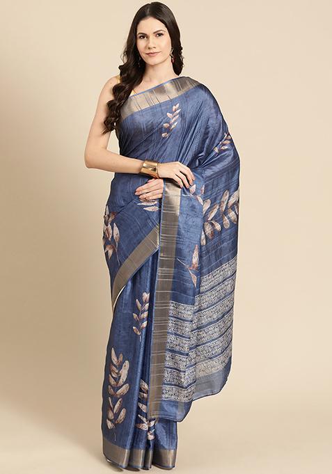 Blue Floral Digital Print Soft Silk Saree Set