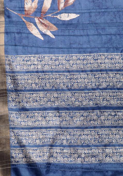 Blue Floral Digital Print Soft Silk Saree Set