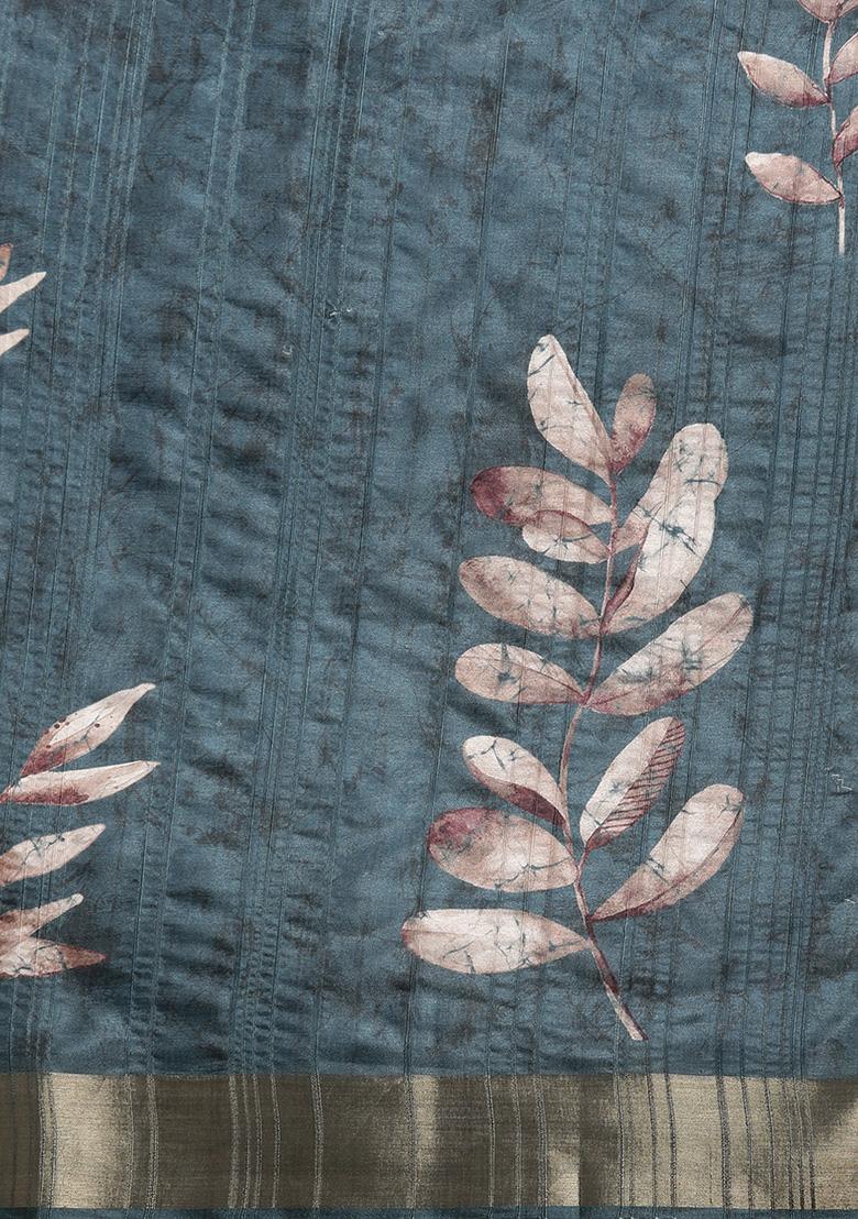 Turquoise Floral Digital Print Zari Embroidered Soft Silk Saree Set