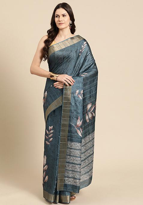 Turquoise Floral Digital Print Zari Embroidered Soft Silk Saree Set