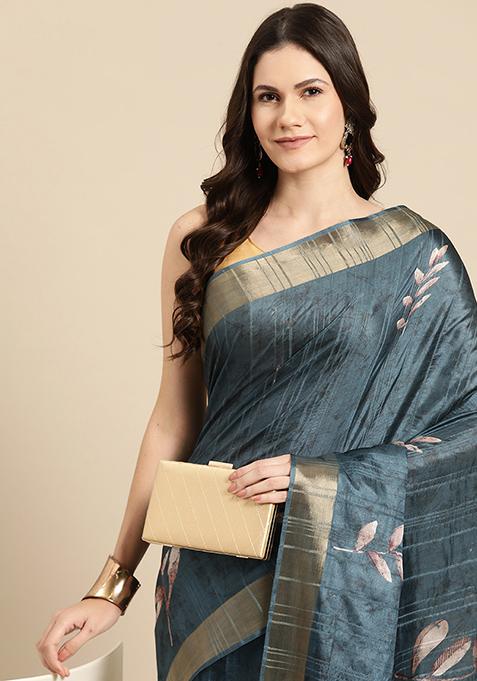 Turquoise Floral Digital Print Zari Embroidered Soft Silk Saree Set