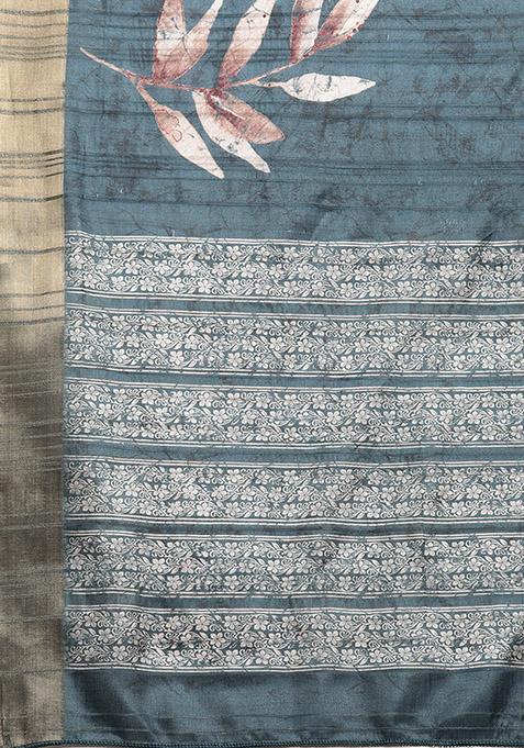 Turquoise Floral Digital Print Zari Embroidered Soft Silk Saree Set