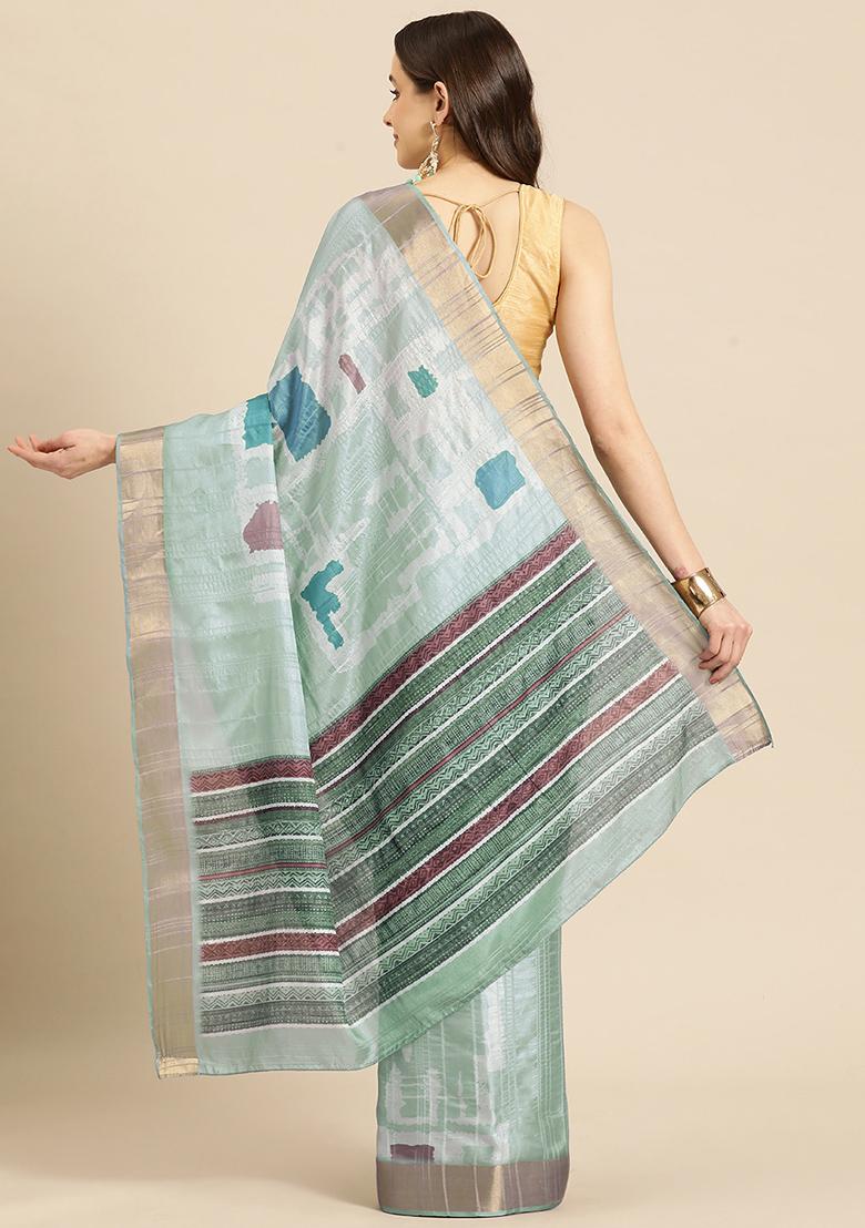 Turquoise Floral Digital Print Soft Silk Saree Set