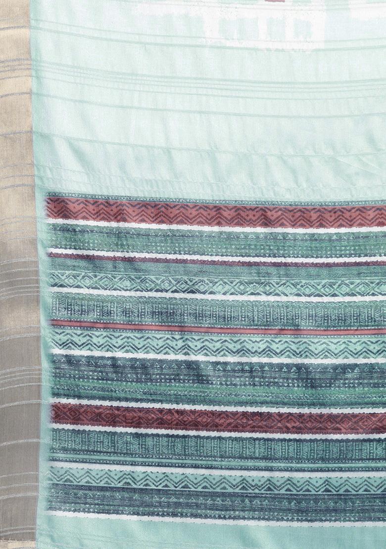 Turquoise Floral Digital Print Soft Silk Saree Set