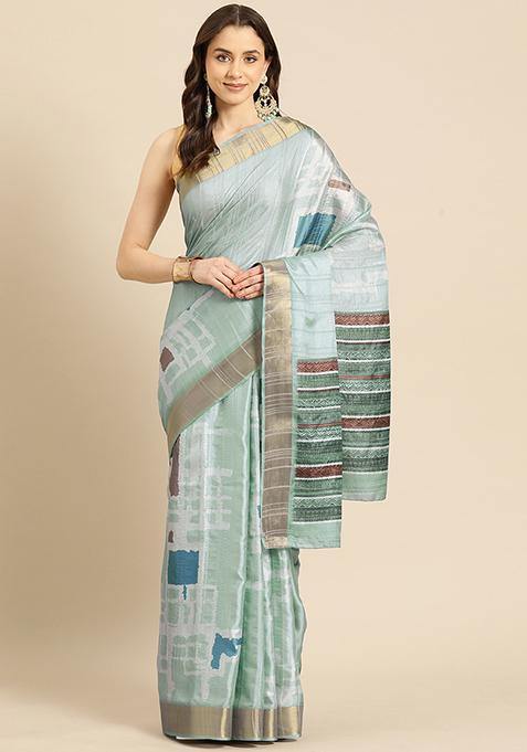 Turquoise Floral Digital Print Soft Silk Saree Set