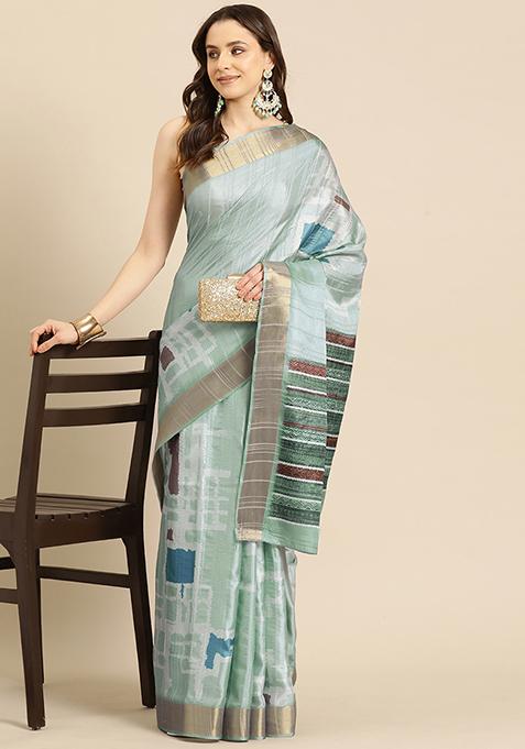 Turquoise Floral Digital Print Soft Silk Saree Set