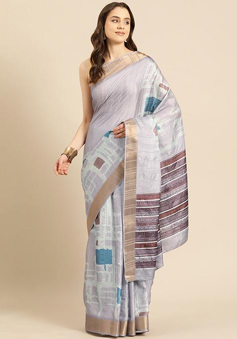 Lavender Floral Digital Print Soft Silk Saree Set