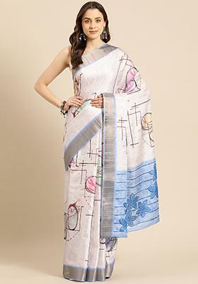 White Floral Digital Print Soft Silk Saree Set