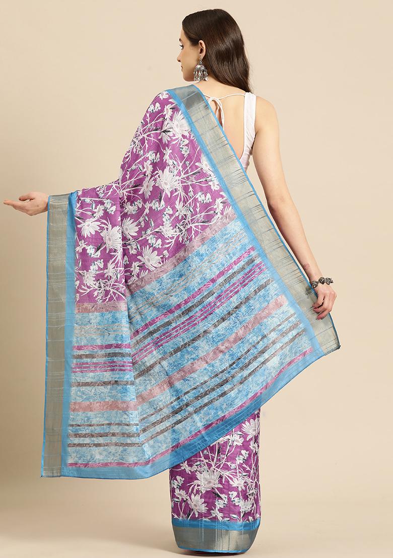 Purple Floral Digital Print Soft Silk Saree Set