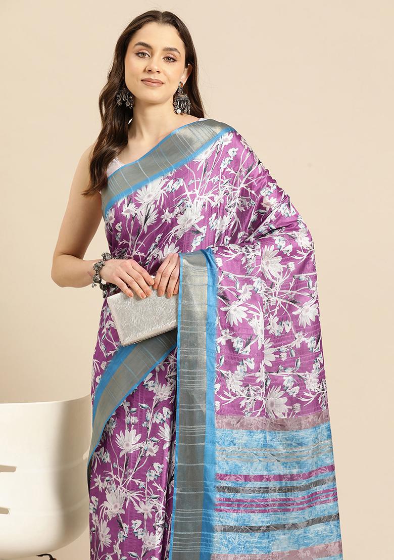 Purple Floral Digital Print Soft Silk Saree Set