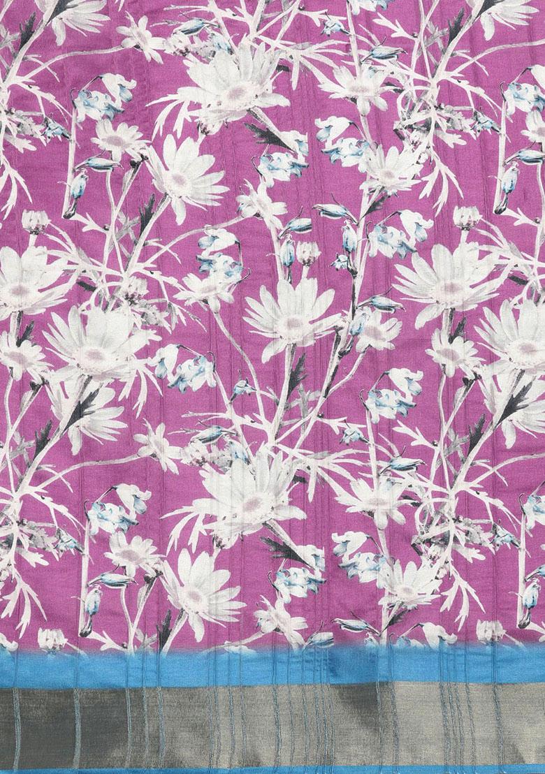 Purple Floral Digital Print Soft Silk Saree Set