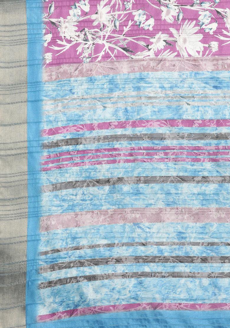 Purple Floral Digital Print Soft Silk Saree Set