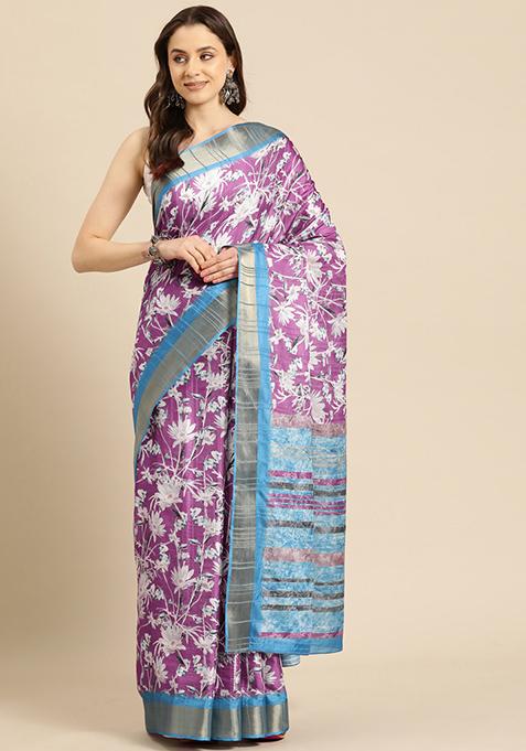 Purple Floral Digital Print Soft Silk Saree Set