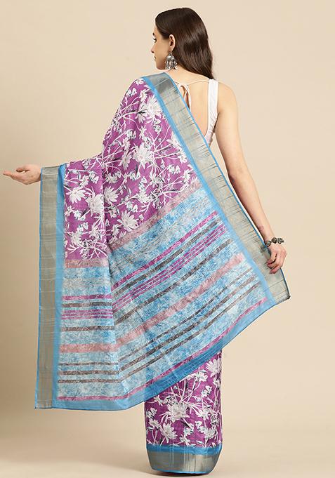 Purple Floral Digital Print Soft Silk Saree Set