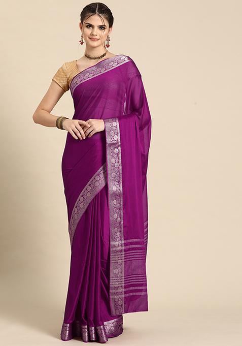 Purple Digital Print Pure Viscose Chinon Saree Set