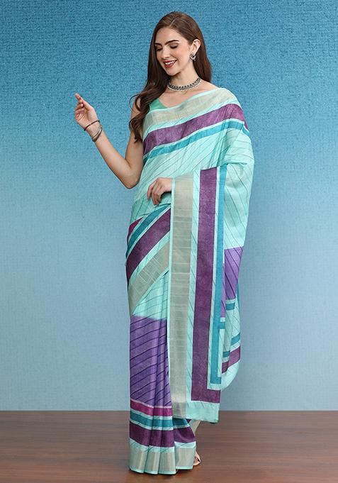 Purple Block Digital Print Tussar Silk Saree Set