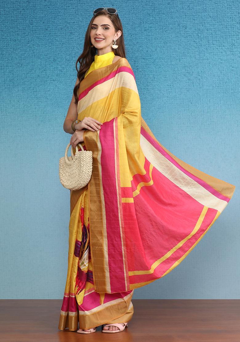 Mustard Block Digital Print Tussar Silk Saree Set - Indya
