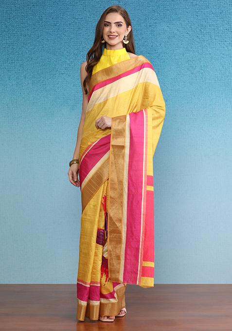 Mustard Block Digital Print Tussar Silk Saree Set