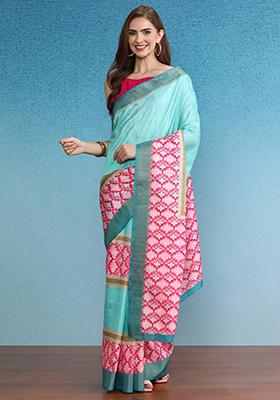 Turquoise Block Digital Print Tussar Silk Saree Set